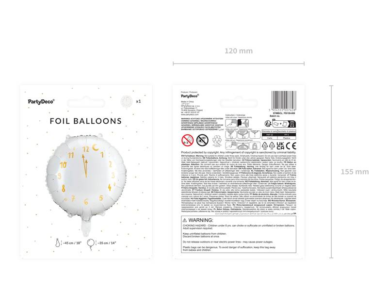 Balon foliowy okrągły Zegar 45 cm biały FB159-008 