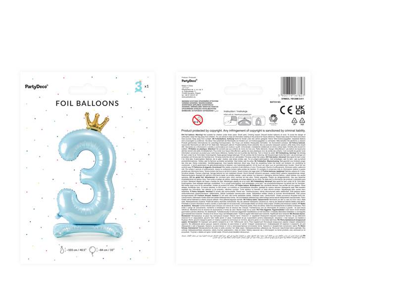 Stojący balon foliowy cyfra "3" 84 cm błękit FB126M-3-011 