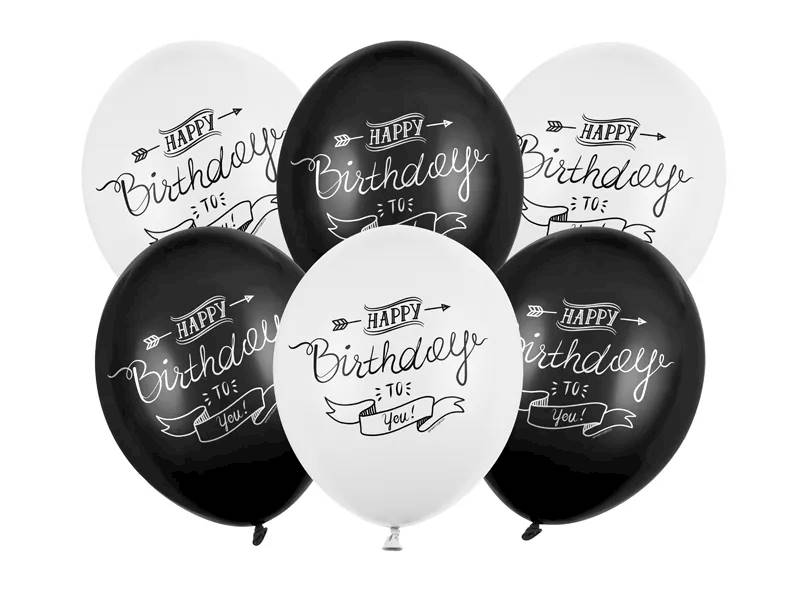 Balony 30cm Happy Birthday biało czarne 6szt SB14P-258-000-6