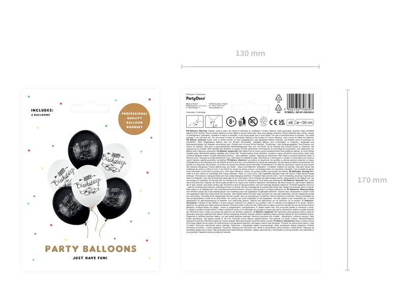Balony 30cm Happy Birthday biało czarne 6szt SB14P-258-000-6