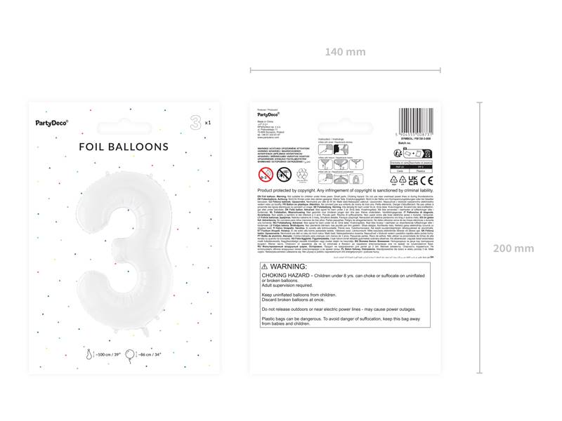 Balon foliowy Cyfra ''3'' 86 biały FB130-3-008