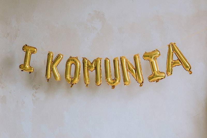 Balon foliowy napis  ''I Komunia'' 260x40 cm złoty
