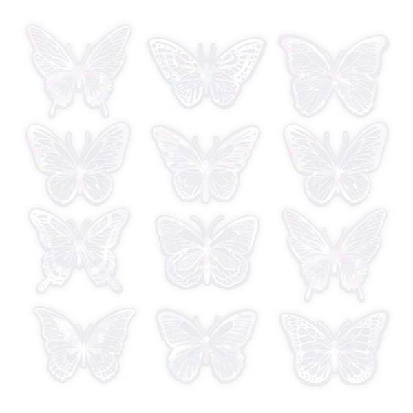 Motyl ozdobny naklejka 12szt białe holograficzne 164389