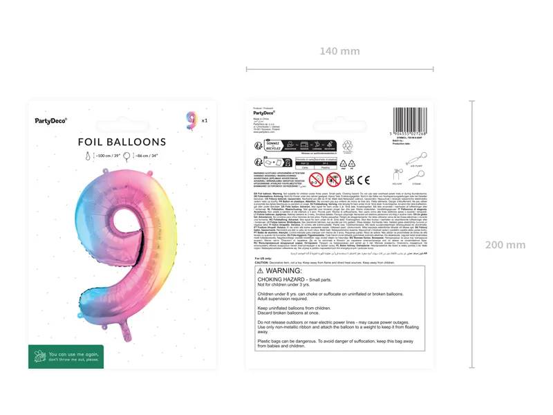 Balon foliowy Cyfra ''9'' 86cm pastelowy tęczowy FB1M-9-000P