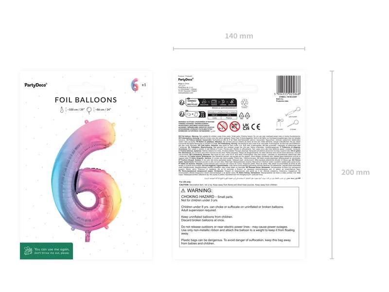 Balon foliowy Cyfra ''6'' 86cm pastelowy tęczowy FB1M-6-000P