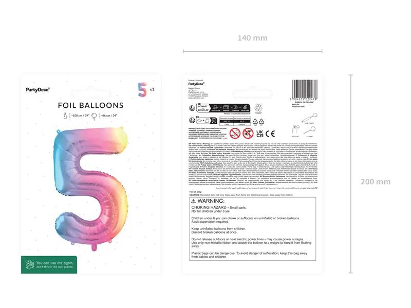 Balon foliowy Cyfra ''5'' 86cm pastelowy tęczowy FB1M-5-000P