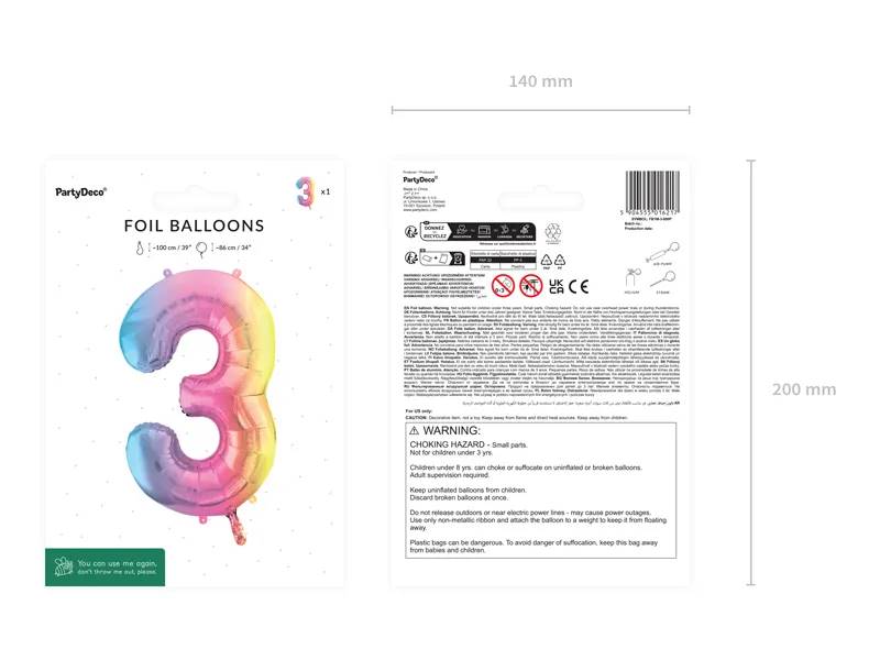 Balon foliowy Cyfra ''3'' 86cm pastelowy tęczowy FB1M-3-000P