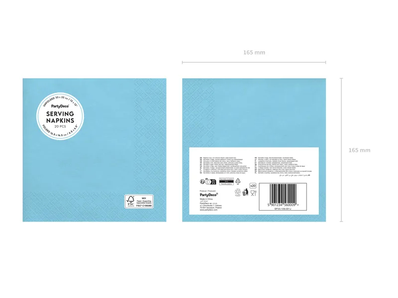 Serwetki papierowe 33x33cm niebieskie jasne 33x33cm - 2 warstwowe