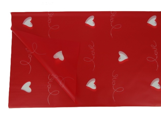 Folia florystyczna arkusze 58x58cm 20szt czerwona w białe serca + napis love HS113-01