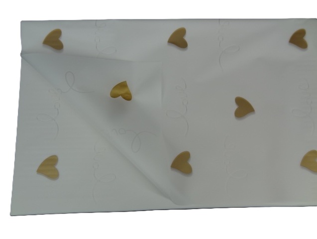 Folia florystyczna arkusze 58x58cm 20szt  biała w złote serca + napis love HS113-06