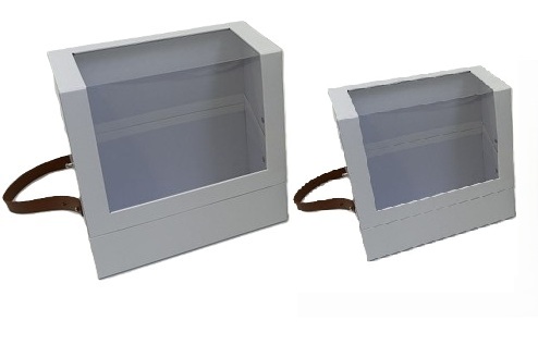 Pudełko flowerbox z okienkiem otwierane do góry skrzynka z paskiem biała W0077