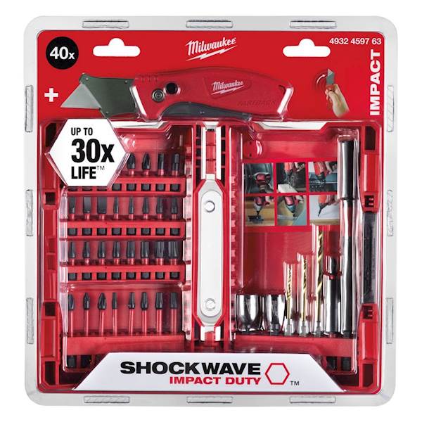 Zestaw bitów i wierteł udarowych Shockwave (40 szt.) + nóż Milwaukee 4932459763