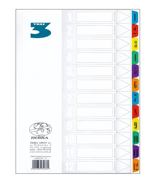 PRZEKŁADKA TRES A4 LAMINOWANA NUMERYCZNA 12 KOLOR