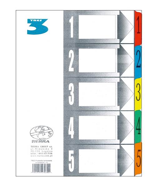 PRZEKŁADKA TRES A4 LAMINOWANA NUMERYCZNA 5 KOLOR