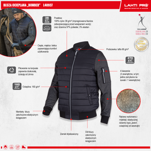 BLUZA OCIEPLANA BOMBER LAHTI PRO L40937 CZARNA L