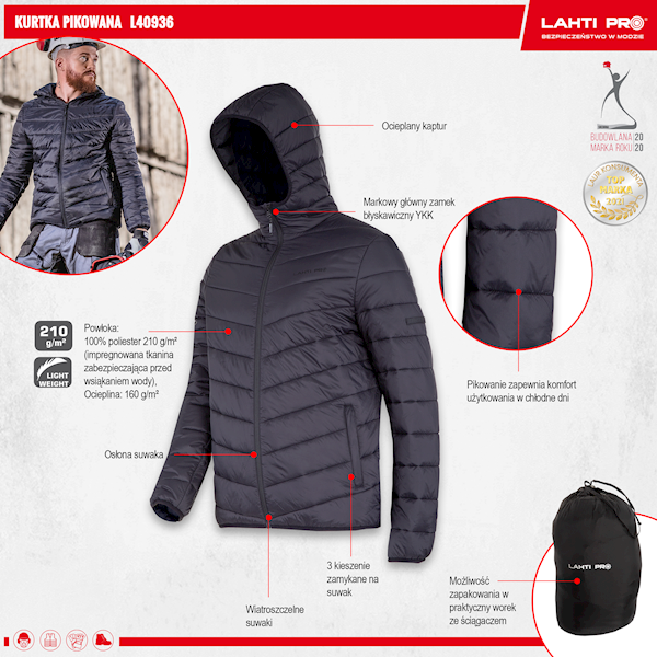 KURTKA PIKOWANA Z KAPTUREM LAHTI PRO L40936 CZARNA 3XL