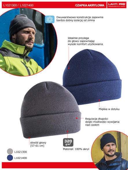 CZAPKA AKRYLOWA LAHTI PRO L1021300 SZARA