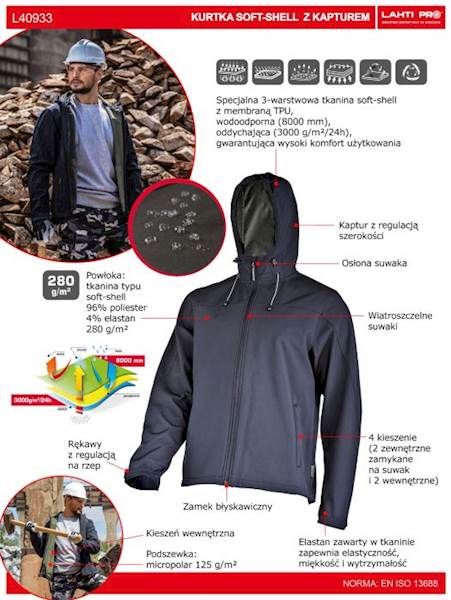 KURTKA SOFTSHELL Z KAPTUREM LAHTI PRO L40933 CZARNA M