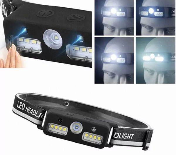 Latarka Czołowa LED 1+8 led aku. czujknik