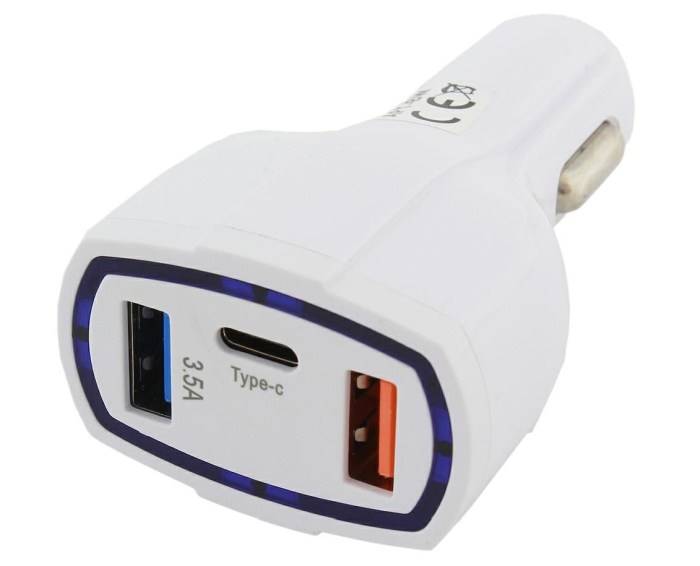 Ładowarka  USB sam. 3,1A 2xUSB + C QC