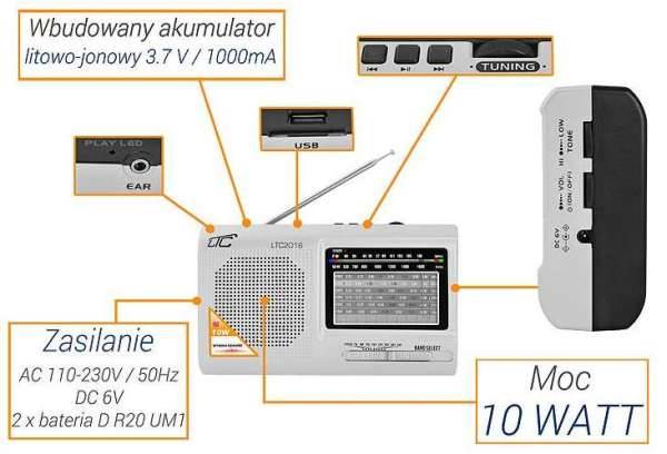 Radio  przenośne FM LTC-2016 Wilga + aku+ USB+ SD