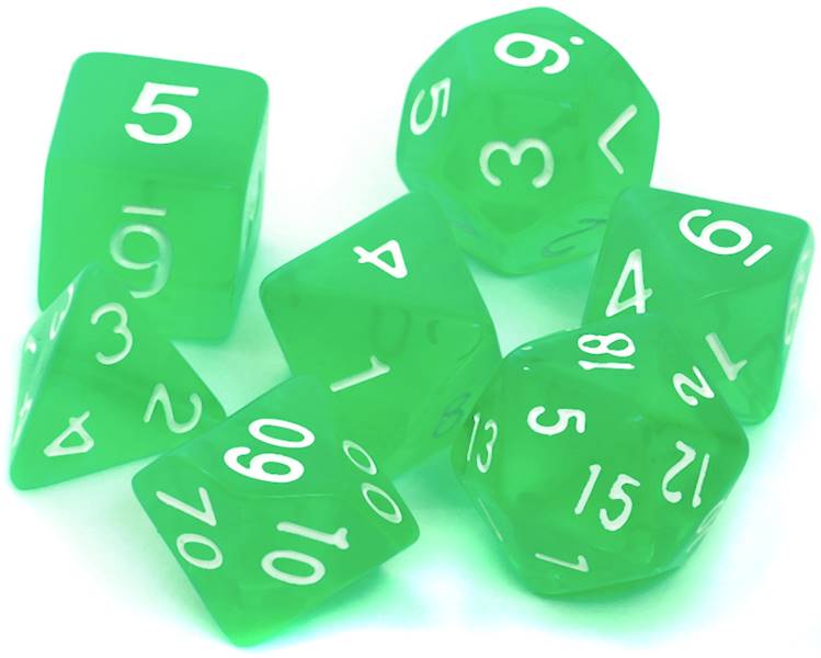 Komplet kości RPG - Kryształowe - Jasnozielone