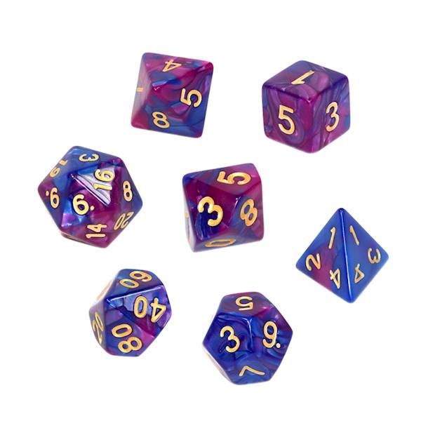 Komplet kości RPG - Dwukolorowe - Ciemnieb-purp