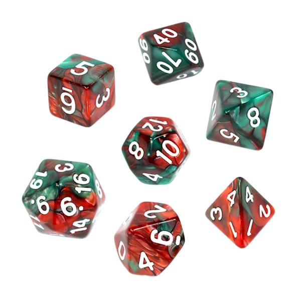 Komplet kości RPG - Dwukolorowe - Czerwono-zielone