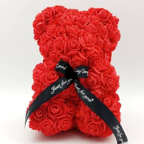 Miś z  piankowych róż, czerwony, biały, nieb 23 cm