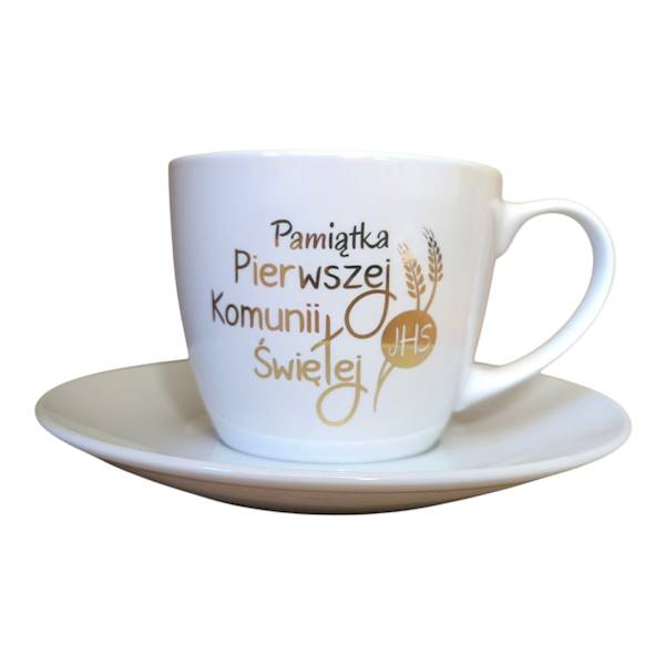 Filiżanka komunijna 3 wzory,biała złocona, pudełko