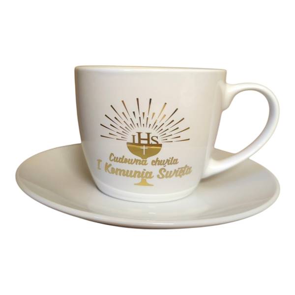 Filiżanka komunijna 3 wzory,biała złocona, pudełko