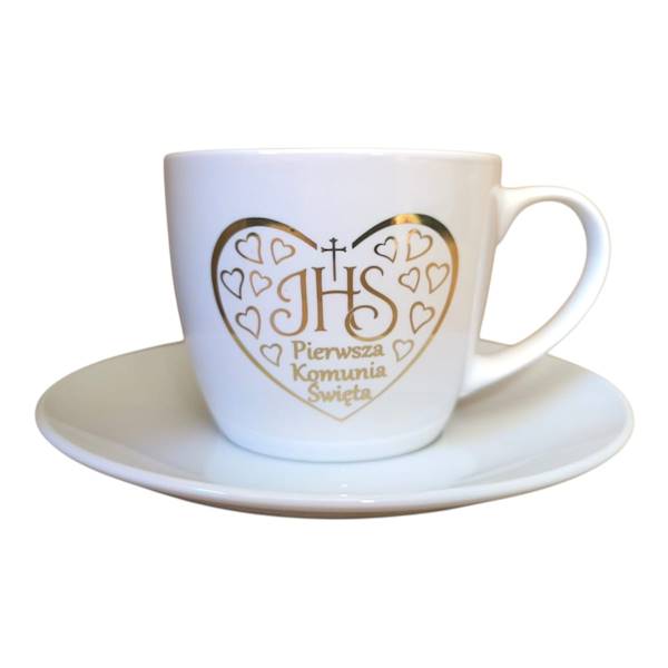 Filiżanka komunijna 3 wzory,biała złocona, pudełko