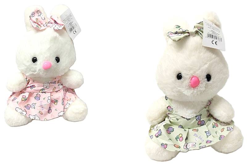 Króliczek biały siedzący 2 kolory sukienki, 24cm
