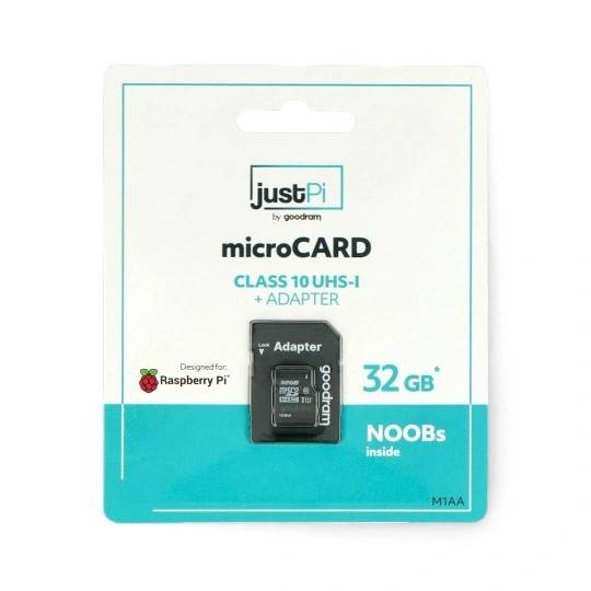 Karta pamięci justPi microSD 32GB 100MB/s klasa 10 + system NOOBs do Raspberry Pi 4B/3B+/3B/2B