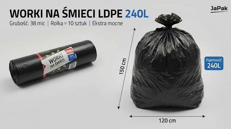 WORKI NA ŚMIECI 240L 120X150 CZARNE Rolka=10szt 