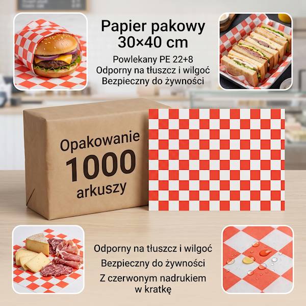 Papier powlekany kratka czerwona 22+8PE 30/40cm