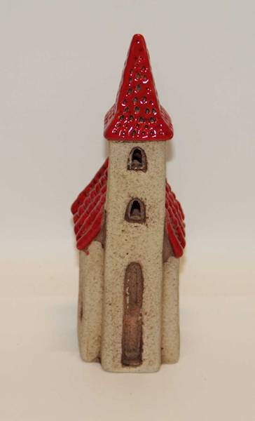 DOMEK ŚWIECZNIK BEŻOWY Z WIEŻĄ I CZERWONYM DACHEM 6,8*6,3*20,7