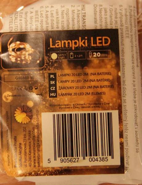LAMPKA LED NA BATERIE ZIMNY 2M 20 LED
