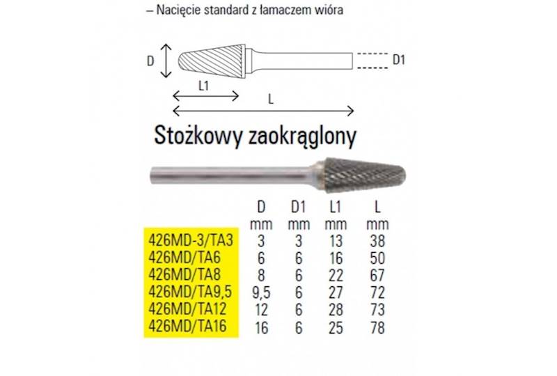 BE/426MD/TA6 FREZ OBROTOWY 6MM STOŻKOWY ZAOKRĄGLONY Z WĘGLIKA