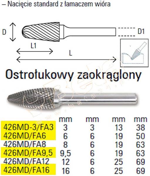 BE/426MD/FA6 FREZ OBROTOWY 6MM ŁUKOWY ZAOKRĄGLONY Z WĘGLIKA
