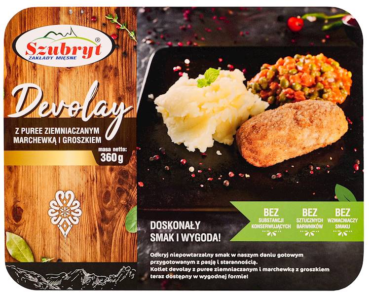 Kotlet DEVOLAY z puree ziemniaczanym, marchewką i groszkiem TACKA