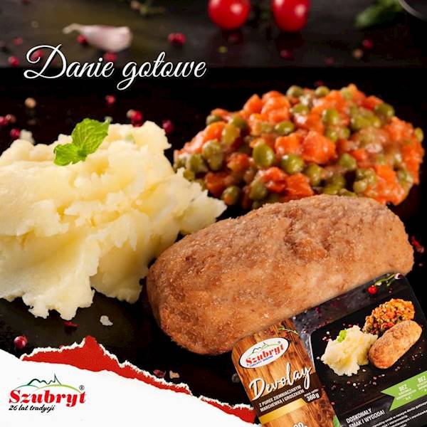 Kotlet DEVOLAY z puree ziemniaczanym, marchewką i groszkiem TACKA