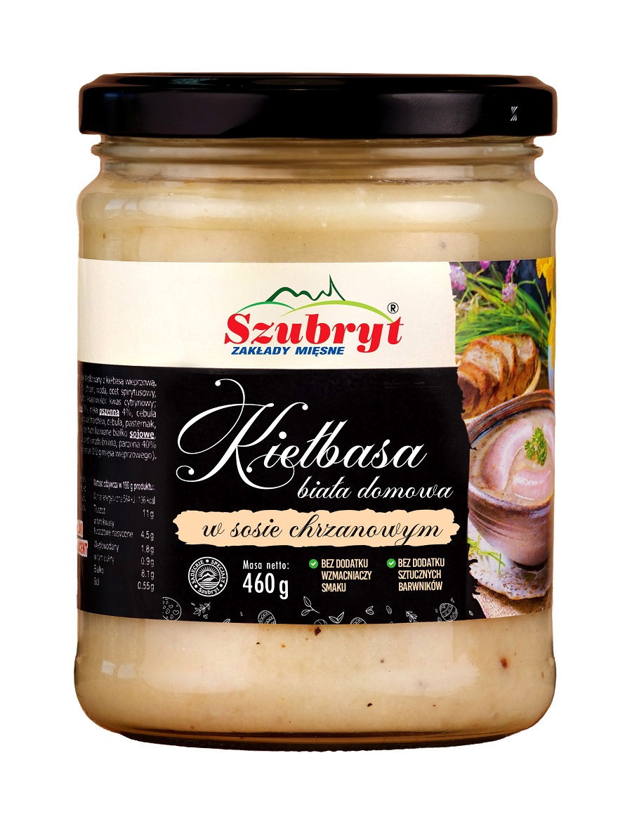 Kiełbasa biała domowa w sosie chrzanowym 460 g Szubryt