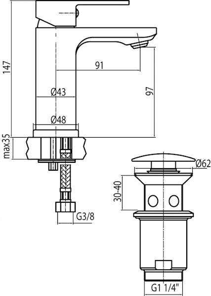 2454800 TUBE ECO Bateria umywalkowa stojąca ze spustem click clack perlator z tworzywa Valvex