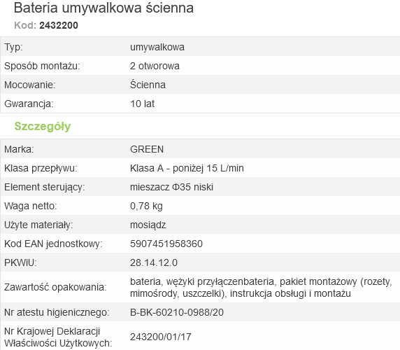 2432200 Bateria naścienna z krótką wylewką Family chromowana Valvex Green • BATERIE GREEN