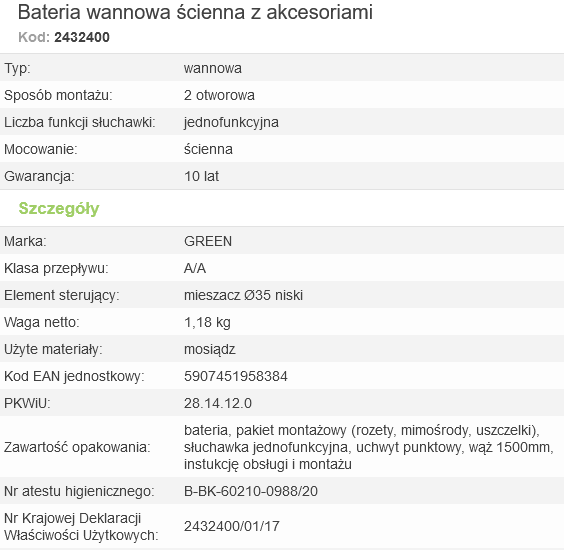 2432400 Bateria wannowa kpl Family chromowana Valvex Green • BATERIE GREEN
