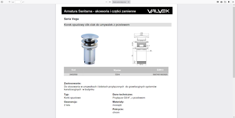 2452550 VEGA Automatyczny korek spustowy z przelewem Valvex