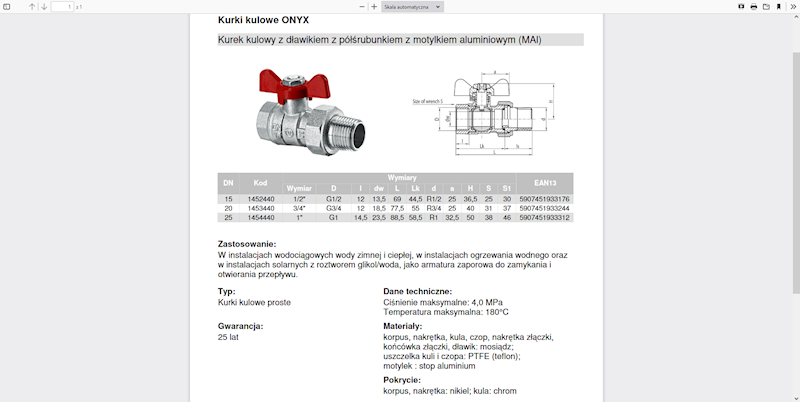 ONYX Kurek kulowy z dławikiem z półśrubunkiem z motylkiem aluminiowym (MAl)  1" 1454440 Valvex