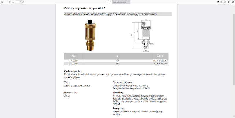ALFA Automatyczny zawór odpowietrzający z zaworem odcinającym, mosiężny 1/2'' 4700360 Valvex