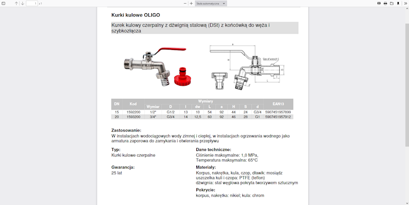 OLIGO Kurek kulowy czerpalny z dławikiem z dźwignią stalową (DSt) z końcówką do węża i szybkozłącza 1/2" 1592200 Valvex